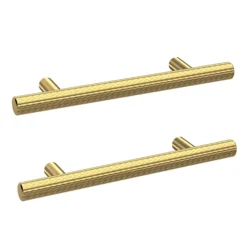 2 X Arezzo Industrial Style Knurled 'T' Bar Brushed Brass Handles (96mm Centres)