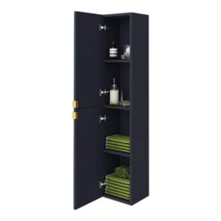 Arezzo Matt Blue Mirrored Wall Hung Tall Storage Cabinet With Brushed Brass Handles