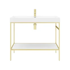 Arezzo 1000 Brushed Brass Framed Washstand With Gloss White Open Shelf And Basin -Bathroom Products Shop az10bbfpm d3