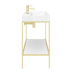 Arezzo 1000 Brushed Brass Framed Washstand With Gloss White Open Shelf And Basin