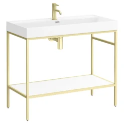 Arezzo 1000 Brushed Brass Framed Washstand With Gloss White Open Shelf And Basin -Bathroom Products Shop az10bbfpmd3