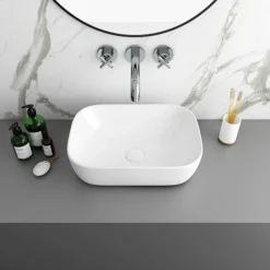 Arezzo Stone Resin Floating Basin Shelf Incl. 2 Curved Rectangular Basins - 1200mm Wide -Bathroom Products Shop az12mwslfb2 n d2