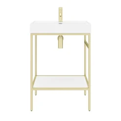 Arezzo 600 Brushed Brass Framed Washstand With Gloss White Open Shelf And Basin -Bathroom Products Shop az6bbfpm d4