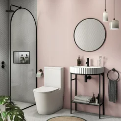 Arezzo D Shaped Matt Black Washstand With Gloss White Open Shelf And Fluted Basin