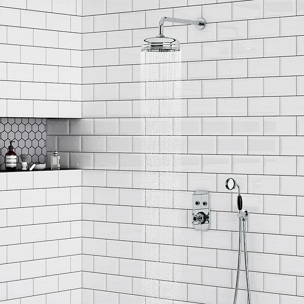 Chatsworth 1928 Black Traditional Push-Button Shower System With Large Handset + 8" Rainfall Shower Head 3 Chatsworth 1928 Black Traditional Push-Button Shower System With Large Handset + 8" Rainfall Shower Head - Image 3