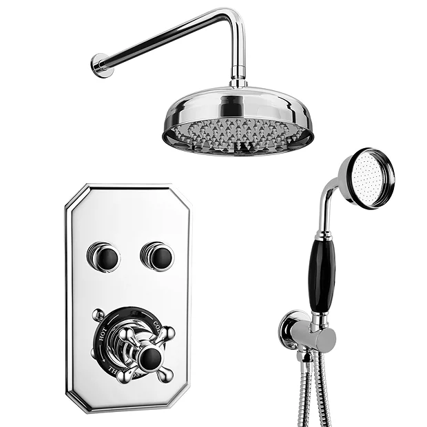 Chatsworth 1928 Black Traditional Push-Button Shower System With Large Handset + 8" Rainfall Shower Head 2 Chatsworth 1928 Black Traditional Push-Button Shower System With Large Handset + 8" Rainfall Shower Head - Image 2