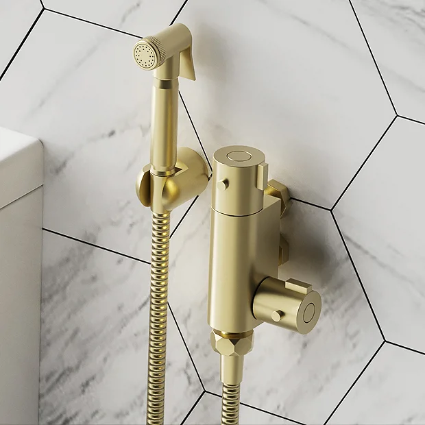 Arezzo Round Douche Thermostatic Bar Valve With Shower Spray Kit Brushed Brass 2 Arezzo Round Douche Thermostatic Bar Valve With Shower Spray Kit Brushed Brass - Image 2