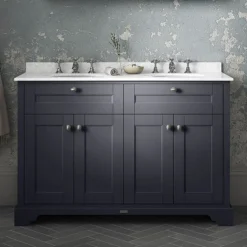 Old London 1200mm Cabinet & Double Bowl White Marble Top - Twilight Blue -Bathroom Products Shop lof364 d1