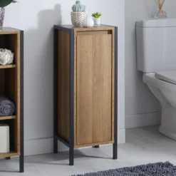 Milan Industrial Matt Black Framed 1-Door Bathroom Storage Unit - Wood Effect -Bathroom Products Shop mil353md2