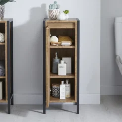 Milan Industrial Matt Black Framed 1-Door Bathroom Storage Unit - Wood Effect -Bathroom Products Shop mil353md3