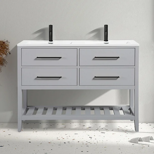 Montrose 1200mm Dove Grey Double Basin Vanity Unit With Matt Black Handles And Slatted Shelf 1 Montrose 1200mm Dove Grey Double Basin Vanity Unit With Matt Black Handles And Slatted Shelf