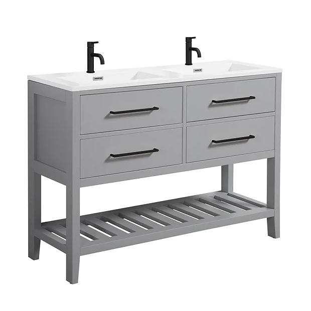 Montrose 1200mm Dove Grey Double Basin Vanity Unit With Matt Black Handles And Slatted Shelf 2 Montrose 1200mm Dove Grey Double Basin Vanity Unit With Matt Black Handles And Slatted Shelf - Image 2
