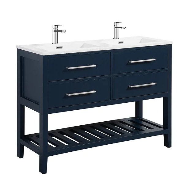 Montrose 1200mm Indigo Blue Double Basin Vanity Unit With Chrome Handles And Slatted Shelf 2 Montrose 1200mm Indigo Blue Double Basin Vanity Unit With Chrome Handles And Slatted Shelf - Image 2