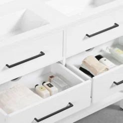 Montrose 1200mm White Double Basin Vanity Unit With Matt Black Handles And Slatted Shelf