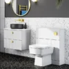 Venice Abstract White Complete Toilet Unit W. Pan, Cistern + Brushed Brass Flush