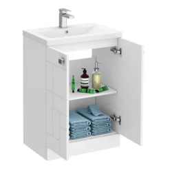 Venice Abstract 600mm White Vanity Unit - Floor Standing 2 Door Unit With Chrome Square Drop Handles