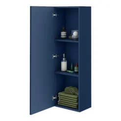 Venice Abstract Wall Hung Tall Storage Cabinet - Blue - With Brushed Brass Square Drop Handle